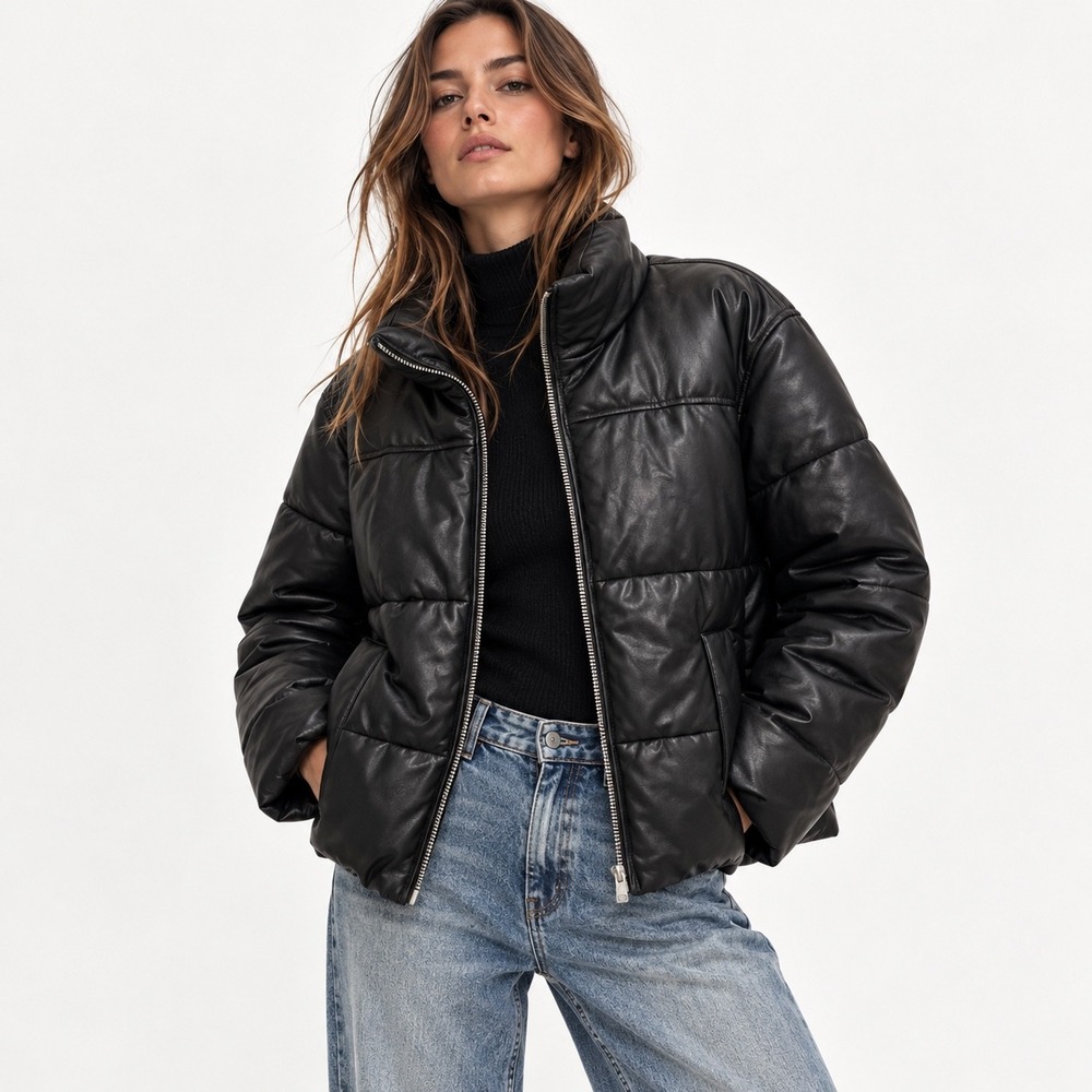 Zara Faux Leather Puffer Jacket Black High Neck Padded Coat Large 3046/330/800